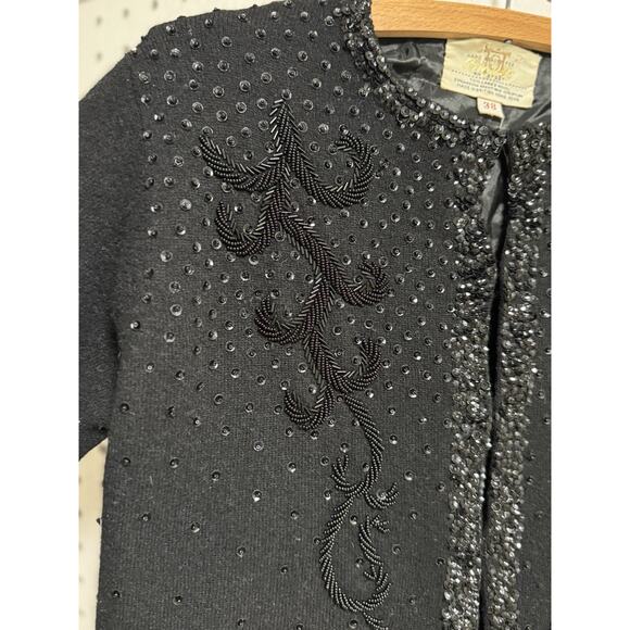 Vintage 60s Cyn Les Wool Black Beaded Cardigan Sweater - Womens Size 38 / SM - Picture 3 of 9